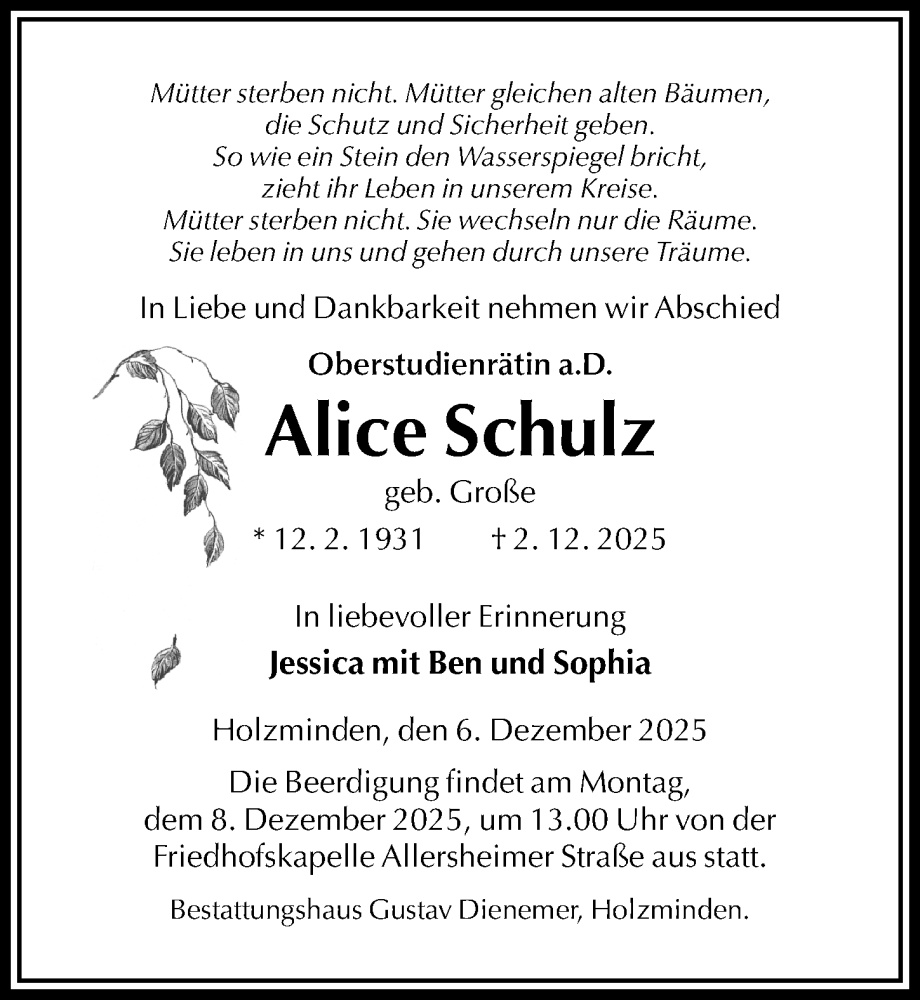  Traueranzeige für Alice Schulz vom 06.12.2025 aus Täglicher Anzeiger Holzminden