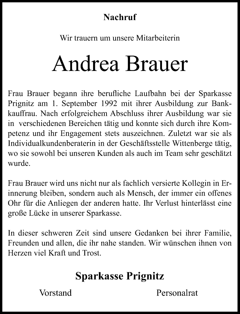  Traueranzeige für Andrea Brauer vom 06.12.2025 aus Wochenspiegel