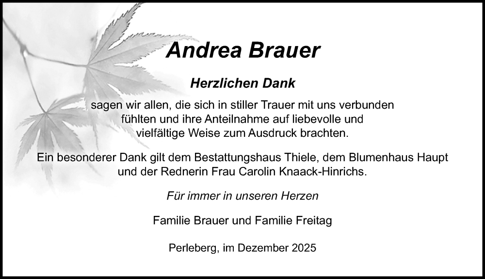  Traueranzeige für Andrea Brauer vom 20.12.2025 aus Wochenspiegel