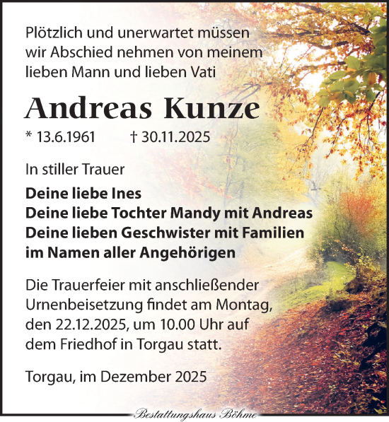 Traueranzeige von Andreas Kunze von Torgauer Zeitung
