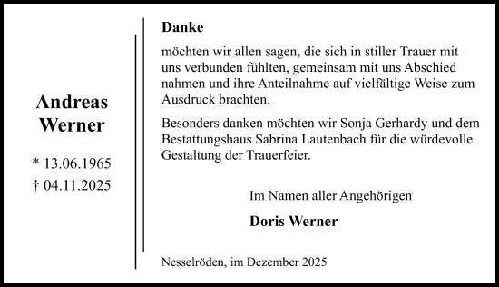 Traueranzeige von Andreas Werner von Eichsfelder Tageblatt