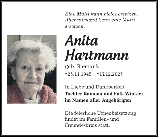 Traueranzeige von Anita Hartmann von Sächsische Zeitung