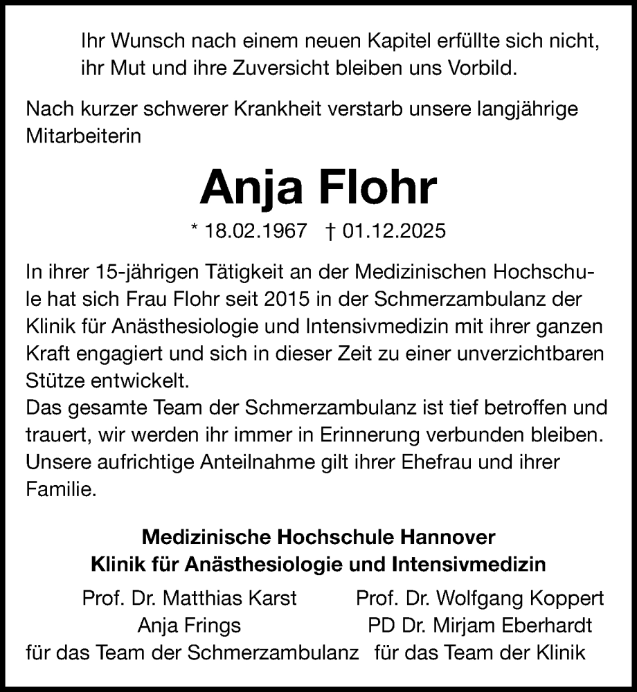  Traueranzeige für Anja Flohr vom 06.12.2025 aus Hannoversche Allgemeine Zeitung/Neue Presse