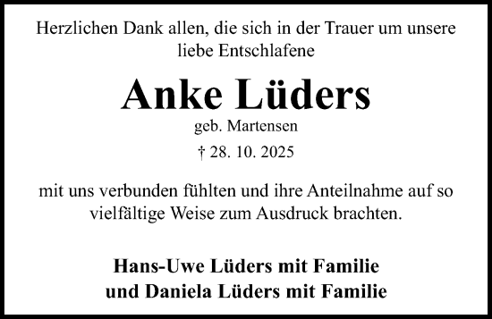 Traueranzeige von Anke Lüders von Kieler Nachrichten