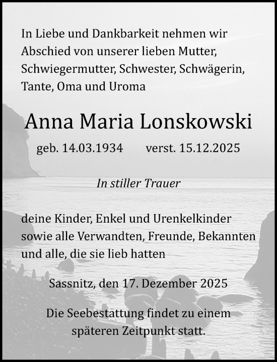 Traueranzeige von Anna Maria Lonskowski von Ostsee-Zeitung GmbH