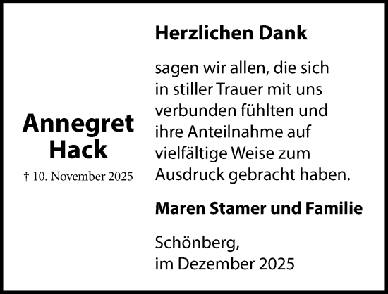 Traueranzeige von Annegret Hack von Lübecker Nachrichten