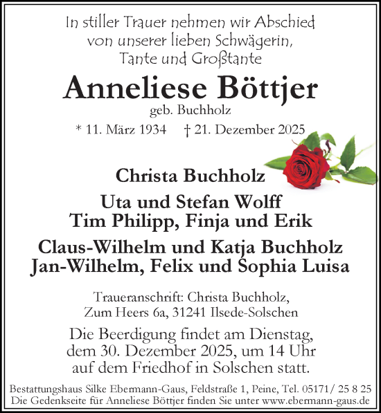 Traueranzeige von Anneliese Böttjer von Peiner Allgemeine Zeitung