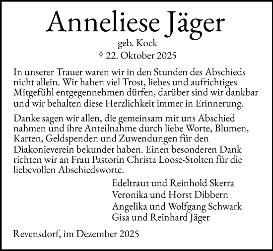 Traueranzeige von Anneliese Jäger von Kieler Nachrichten