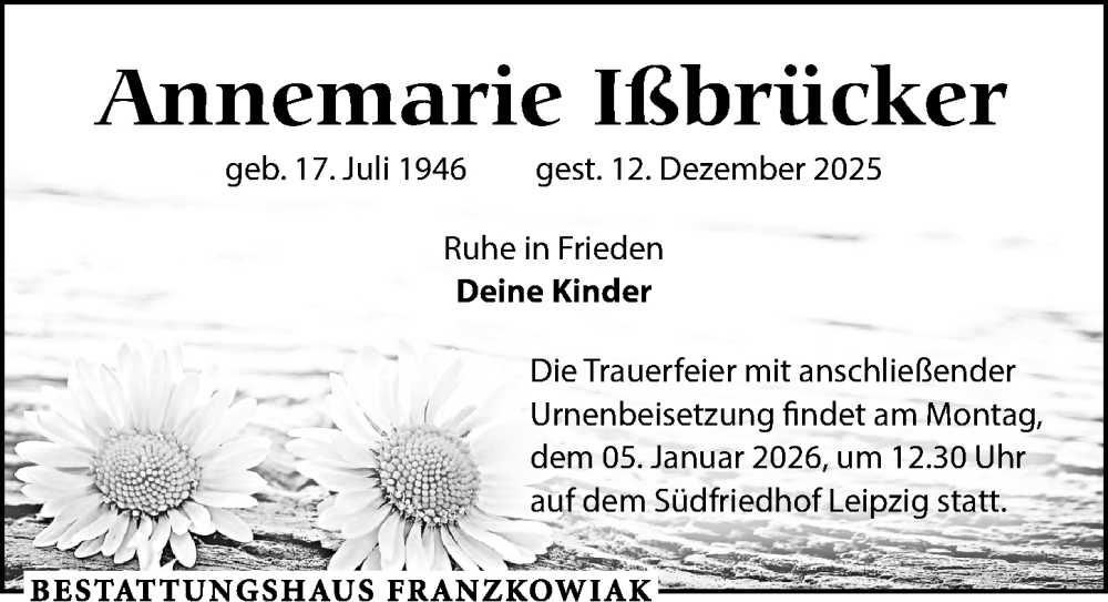  Traueranzeige für Annemarie Ißbrücker vom 20.12.2025 aus Leipziger Volkszeitung