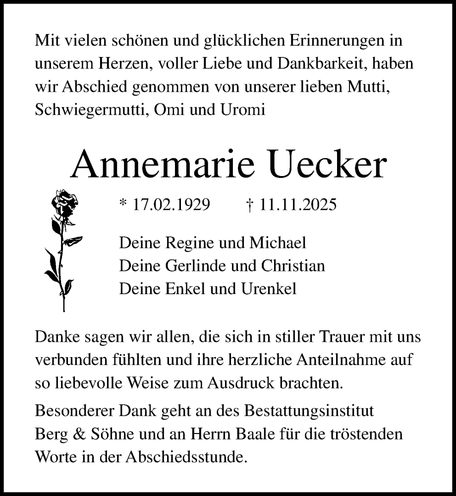  Traueranzeige für Annemarie Uecker vom 06.12.2025 aus Ostsee-Zeitung GmbH