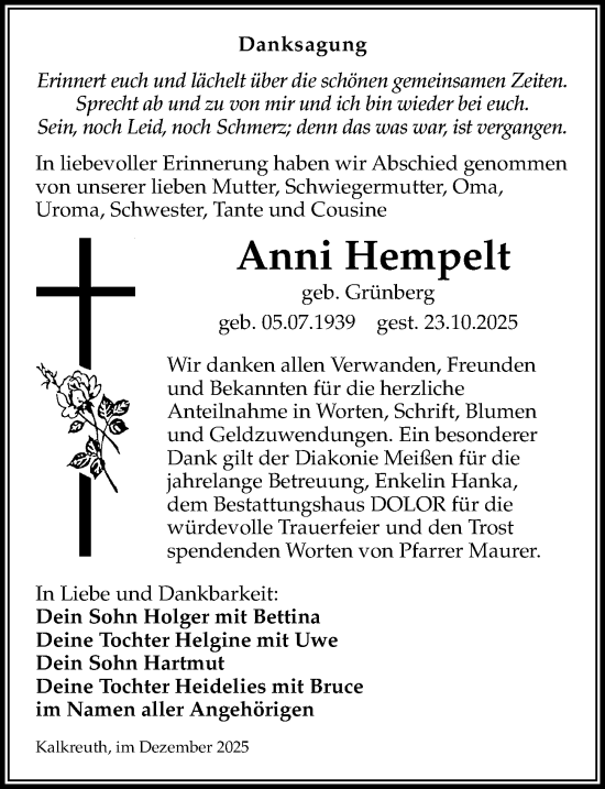 Traueranzeige von Anni Hempelt von Sächsische Zeitung