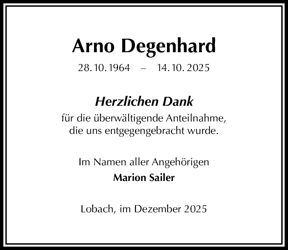  Traueranzeige für Arno Degenhard vom 13.12.2025 aus Täglicher Anzeiger Holzminden