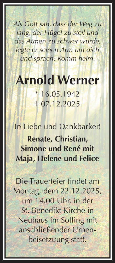 Traueranzeige von Arnold Werner von Täglicher Anzeiger Holzminden