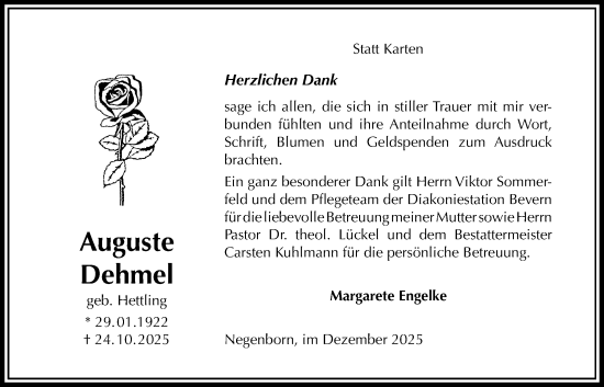 Traueranzeige von Auguste Dehmel von Täglicher Anzeiger Holzminden