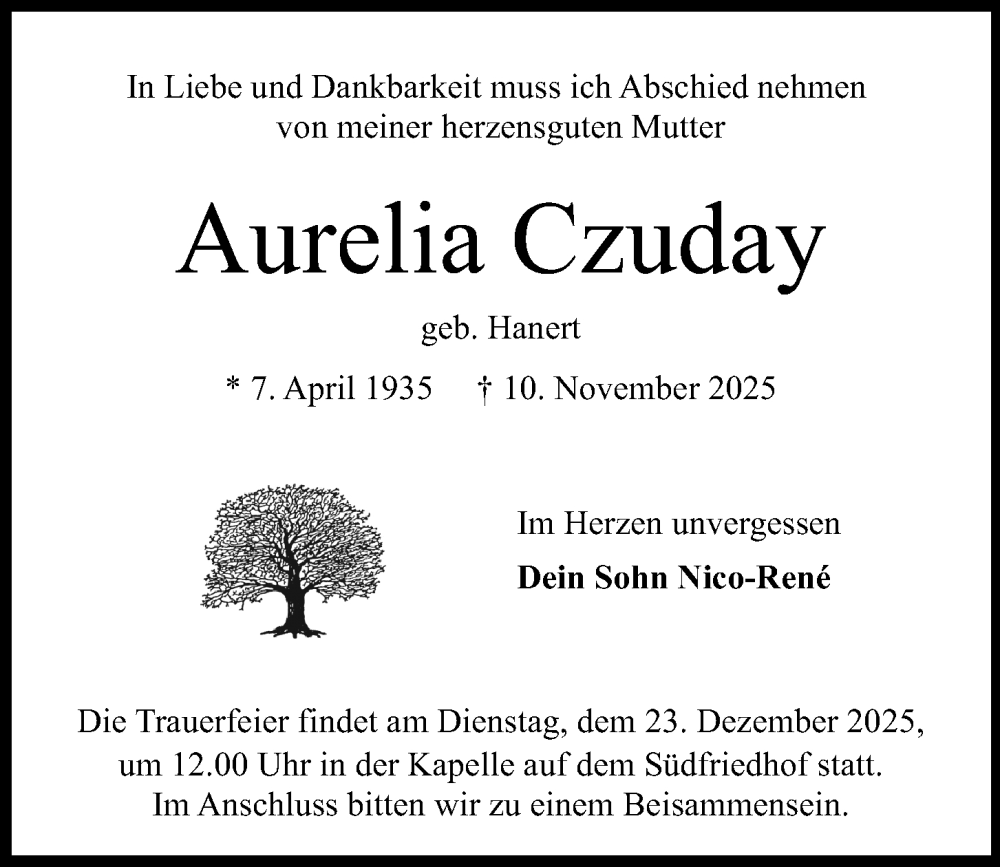  Traueranzeige für Aurelia Czuday vom 20.12.2025 aus Kieler Nachrichten