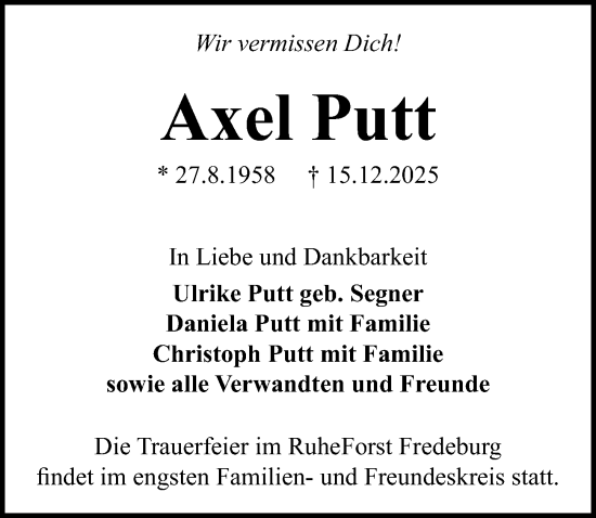 Traueranzeige von Axel Putt von Lübecker Nachrichten
