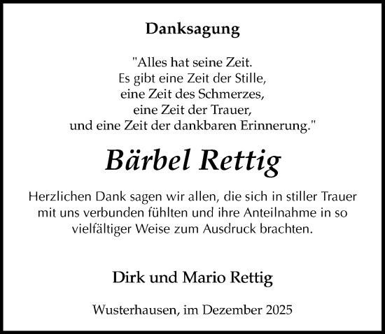 Traueranzeige von Bärbel Rettig von Wochenspiegel