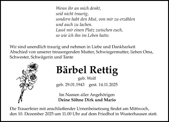 Traueranzeige von Bärbel Rettig von Wochenspiegel