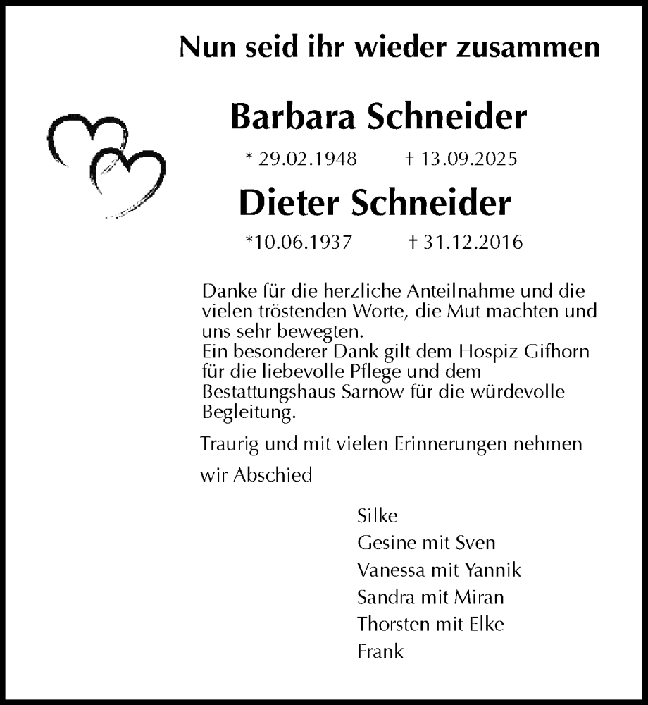  Traueranzeige für Barbara Schneider vom 06.12.2025 aus Aller Zeitung