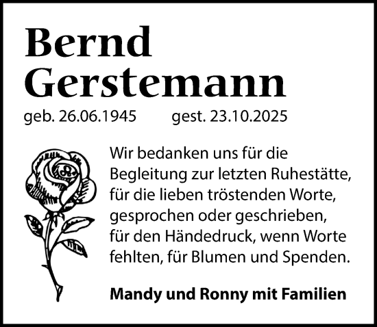 Traueranzeige von Bernd Gerstemann von Sächsische Zeitung