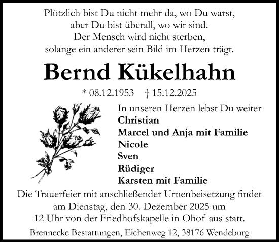 Traueranzeige von Bernd Kükelhahn von Peiner Allgemeine Zeitung