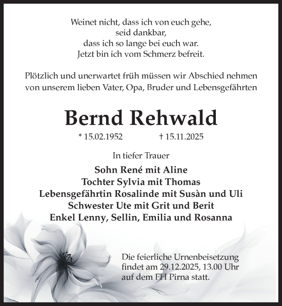 Traueranzeige von Bernd Rehwald von Sächsische Zeitung