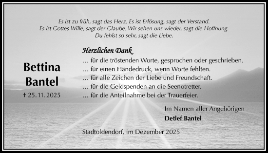 Traueranzeige von Bettina Bantel von Täglicher Anzeiger Holzminden