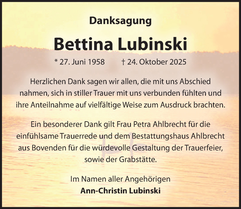  Traueranzeige für Bettina Lubinski vom 06.12.2025 aus Göttinger Tageblatt