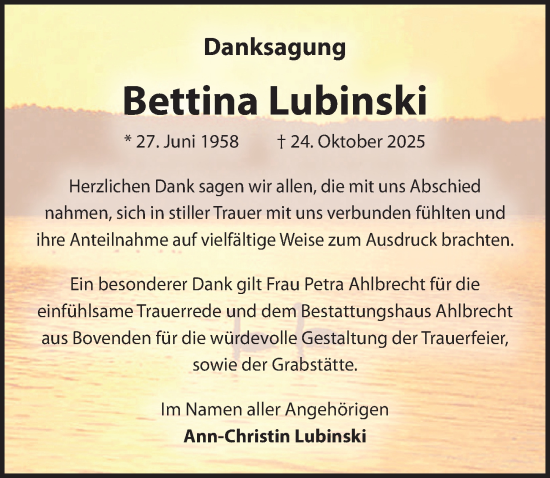 Traueranzeige von Bettina Lubinski von Göttinger Tageblatt