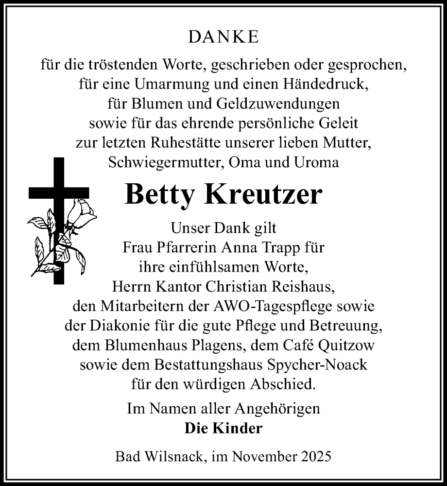  Traueranzeige für Betty Kreutzer vom 06.12.2025 aus Wochenspiegel