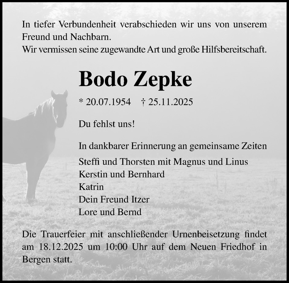  Traueranzeige für Bodo Zepke vom 06.12.2025 aus Ostsee-Zeitung GmbH