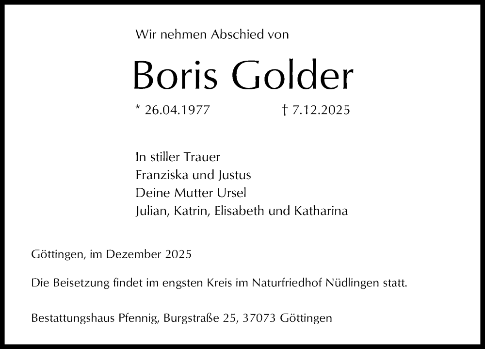  Traueranzeige für Boris Golder vom 13.12.2025 aus Göttinger Tageblatt