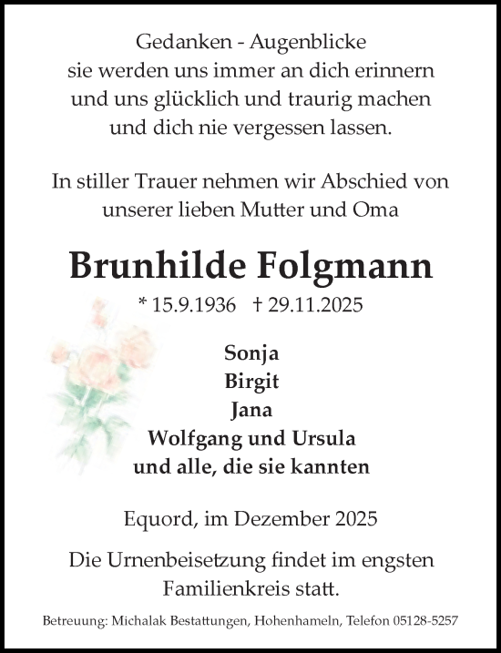 Traueranzeige von Brunhilde Folgmann von Peiner Allgemeine Zeitung