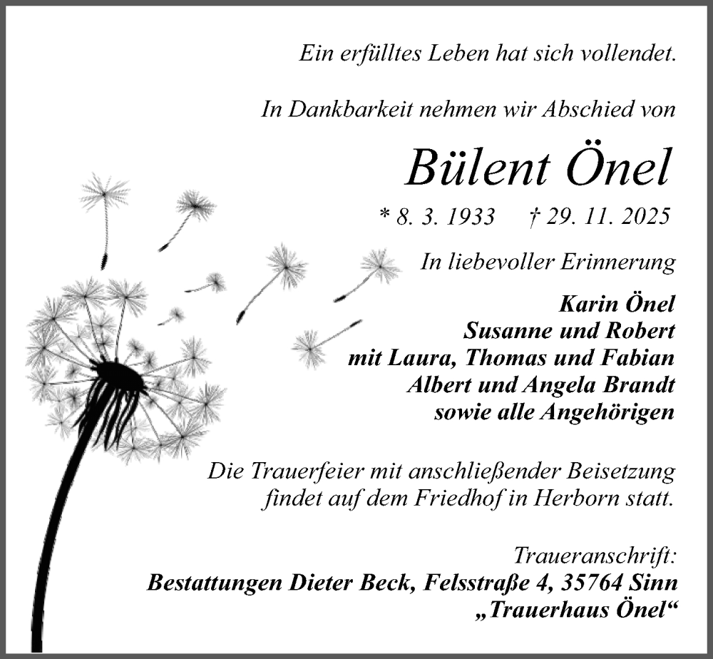  Traueranzeige für Bülent Önel vom 06.12.2025 aus Peiner Allgemeine Zeitung