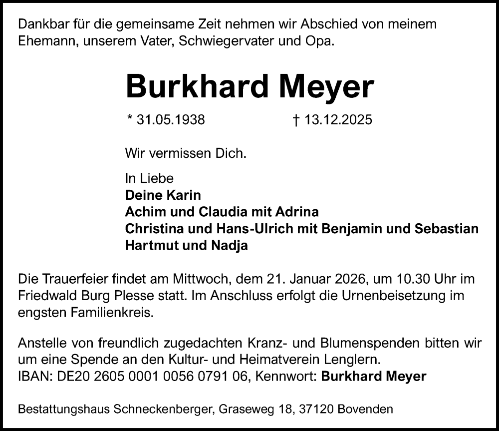  Traueranzeige für Burkhard Meyer vom 20.12.2025 aus Göttinger Tageblatt