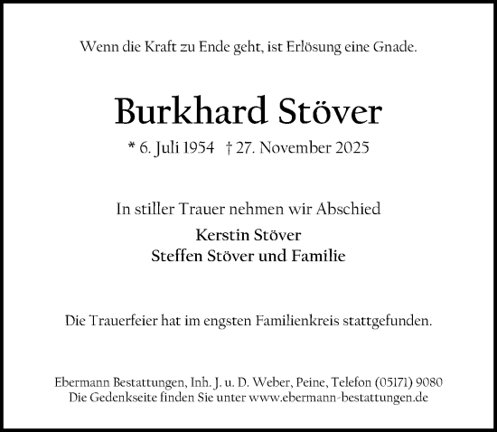 Traueranzeige von Burkhard Stöver von Peiner Allgemeine Zeitung
