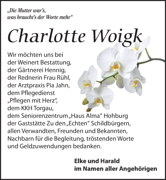 Traueranzeige von Charlotte Woigk von Torgauer Zeitung