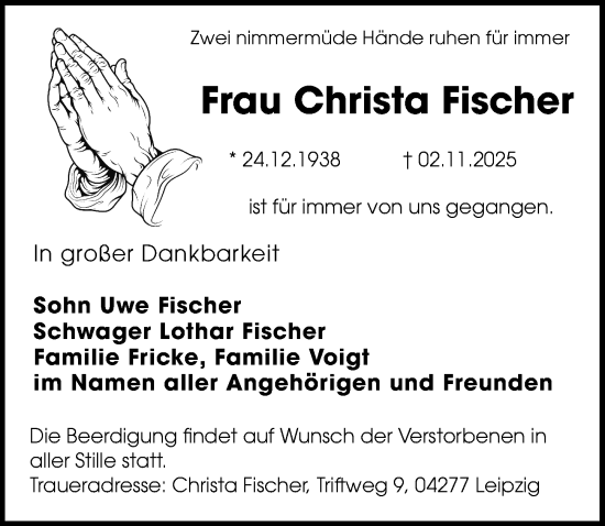 Traueranzeige von Christa Fischer von Leipziger Volkszeitung
