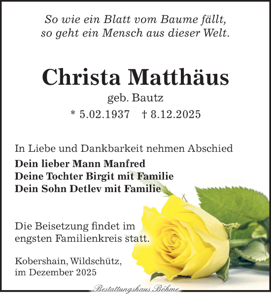 Traueranzeige von Christa Matthäus von Torgauer Zeitung