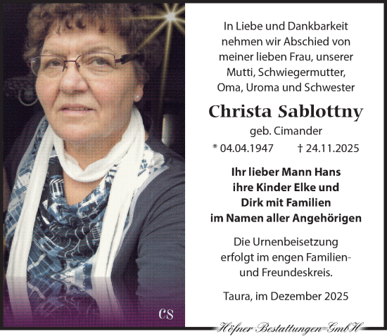 Traueranzeige von Christa Sablottny von Torgauer Zeitung