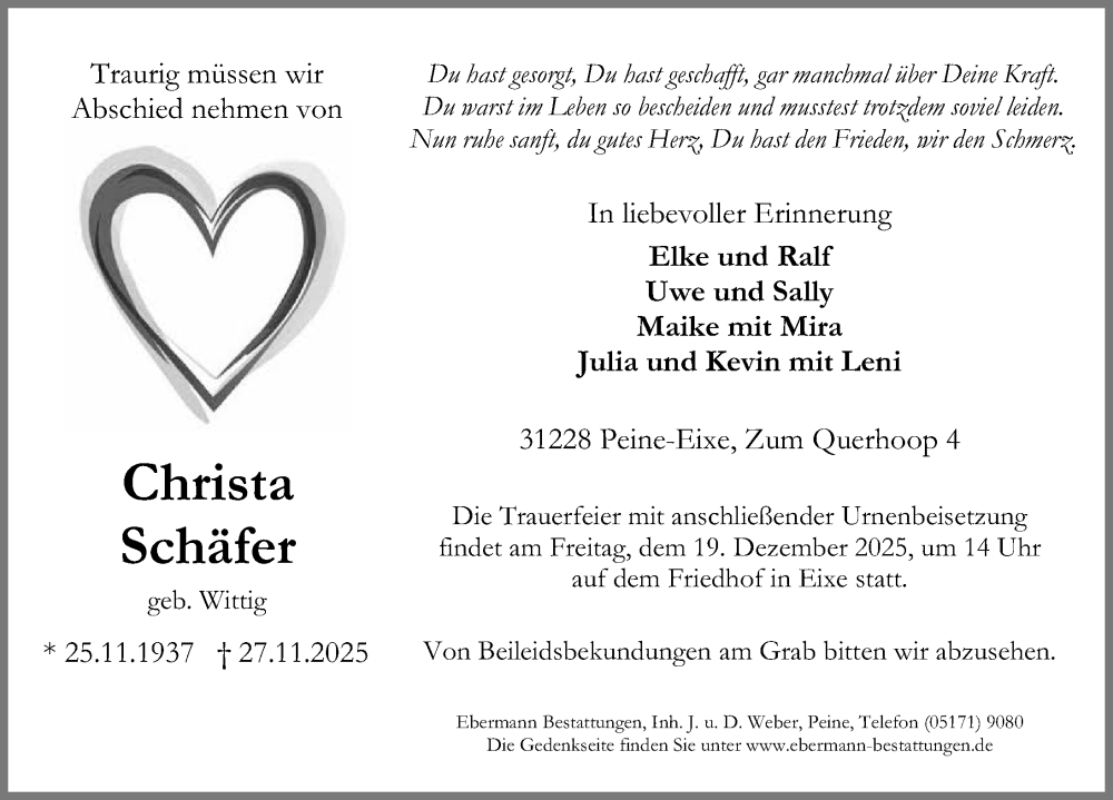  Traueranzeige für Christa Schäfer vom 06.12.2025 aus Peiner Allgemeine Zeitung