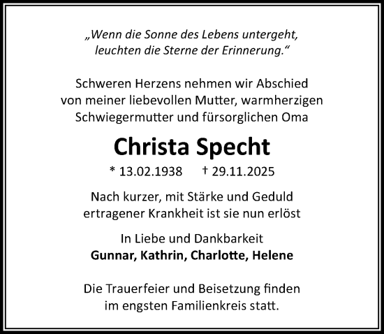 Traueranzeige von Christa Specht von Märkischen Allgemeine Zeitung