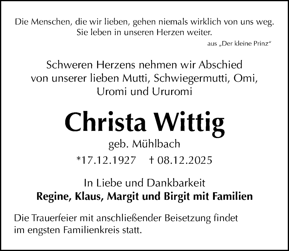  Traueranzeige für Christa Wittig vom 20.12.2025 aus Märkischen Allgemeine Zeitung