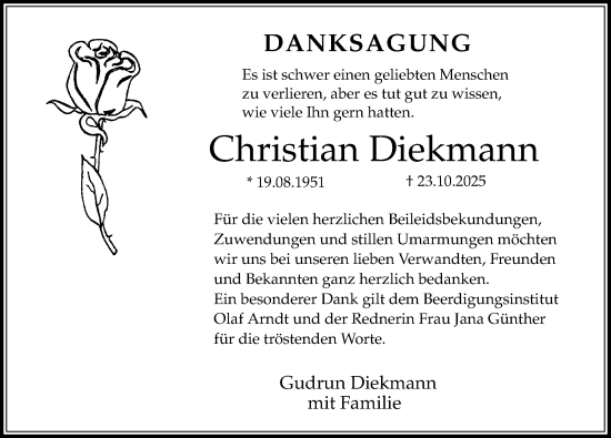 Traueranzeige von Christian Diekmann von Ostsee-Zeitung GmbH