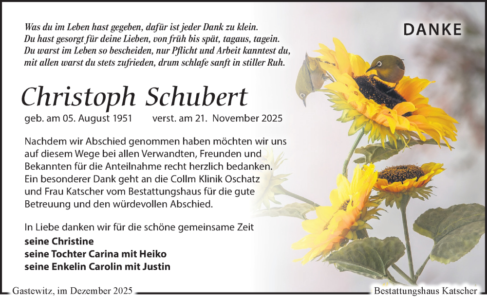  Traueranzeige für Christoph Schubert vom 13.12.2025 aus Leipziger Volkszeitung