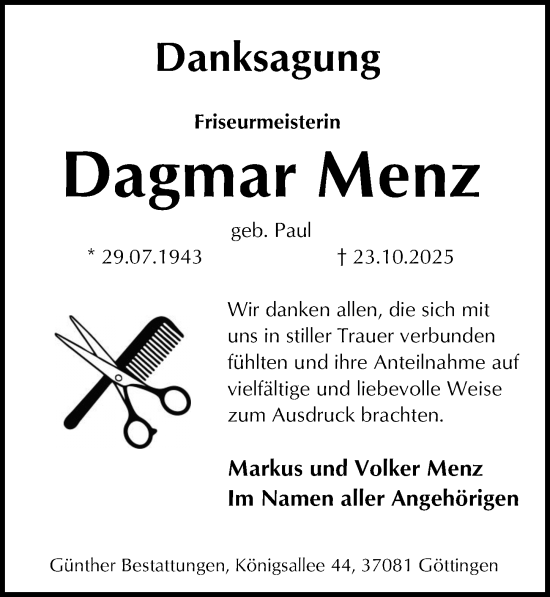 Traueranzeige von Dagmar Menz von Göttinger Tageblatt