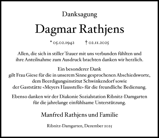 Traueranzeige von Dagmar Rathjens von Ostsee-Zeitung GmbH