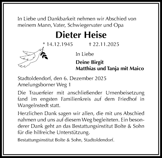 Traueranzeige von Dieter Heise von Täglicher Anzeiger Holzminden