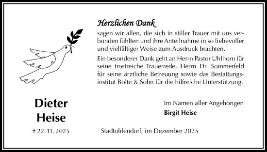 Traueranzeige von Dieter Heise von Täglicher Anzeiger Holzminden
