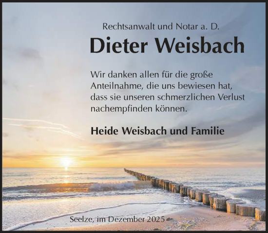 Traueranzeige von Dieter Weisbach von Hannoversche Allgemeine Zeitung/Neue Presse